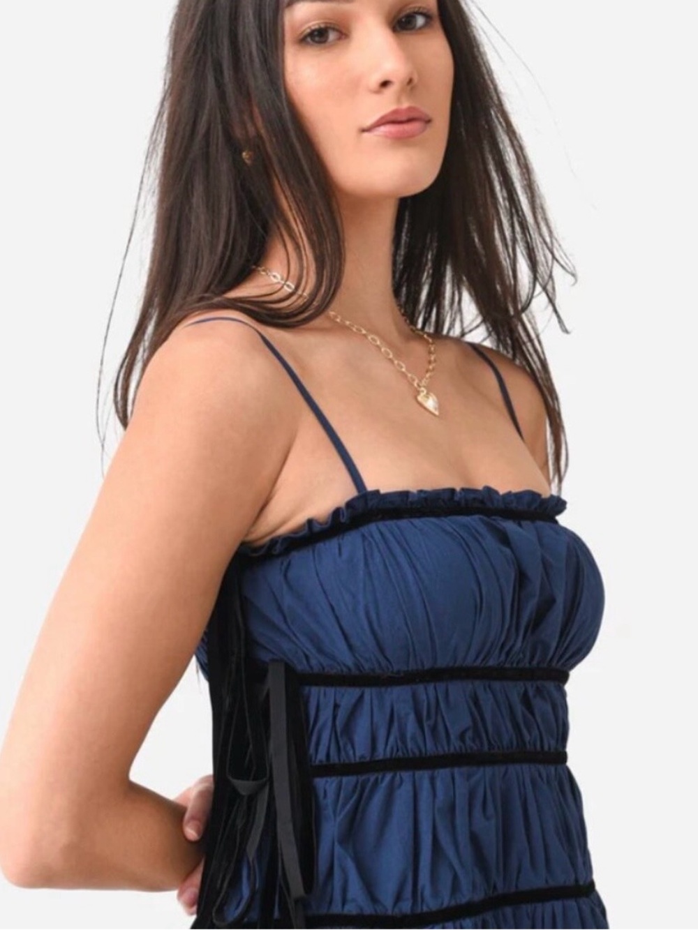 Ciao Lucia Elettra Navy Blue Tiered Midi Dress with Spaghetti Straps - Picture 2 of 8